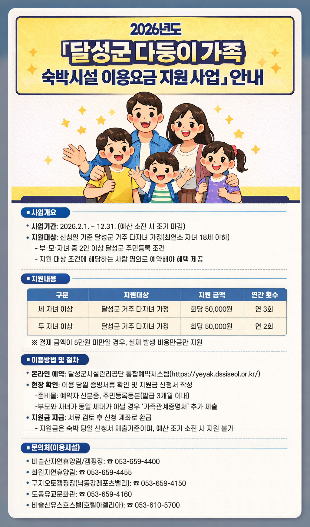 달성군 다둥이 가족 숙박시설 이용요금 지원 안내