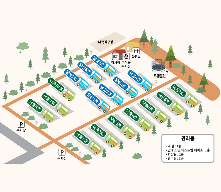 오토 캠핑장 배치도 -관리동(관리실:2층,샤워실,화장실:2층,매점:3층),낙동1호~5호,달성1호~7호,취사장,다목적구장,화장실